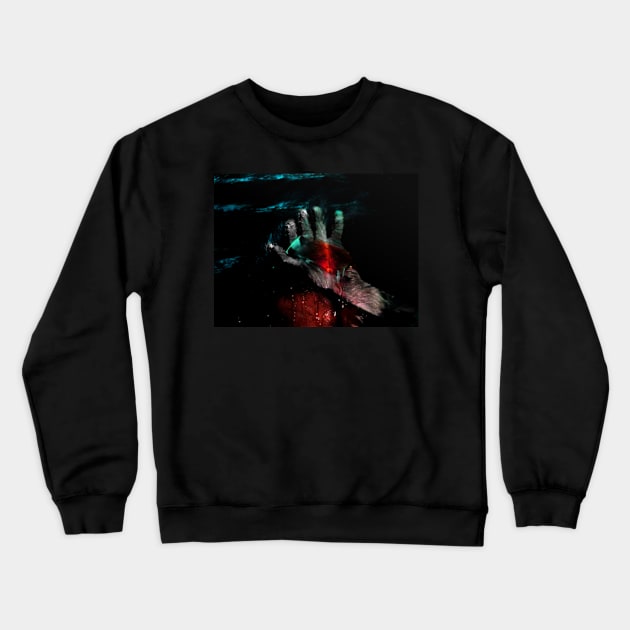 Digital collage, special processing. Hand laying on some wet surface. Psychedelic. Liquid in hand. Blue, red and orange. Crewneck Sweatshirt by 234TeeUser234